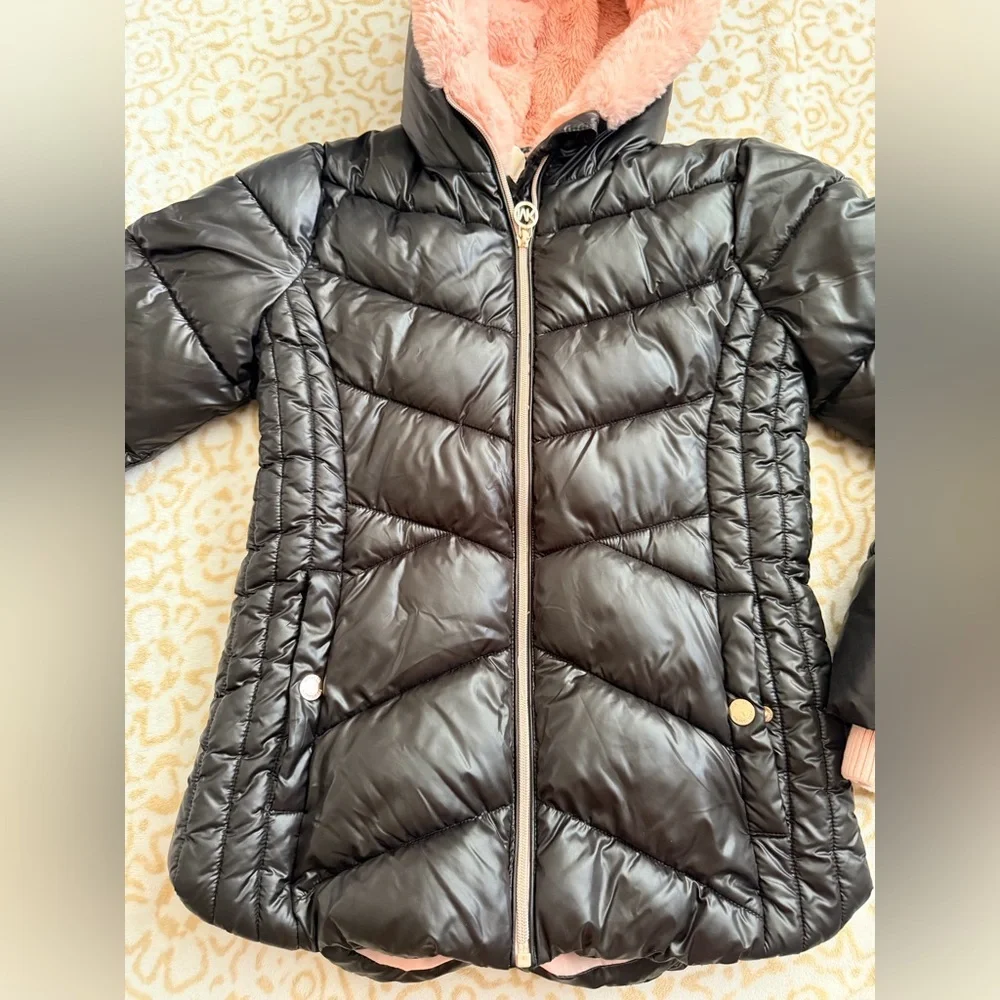 MICHAEL Michael Kors Black Puffer Jacket with Pink Hood Lining